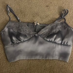 Satin lace trim crop top dusty blue